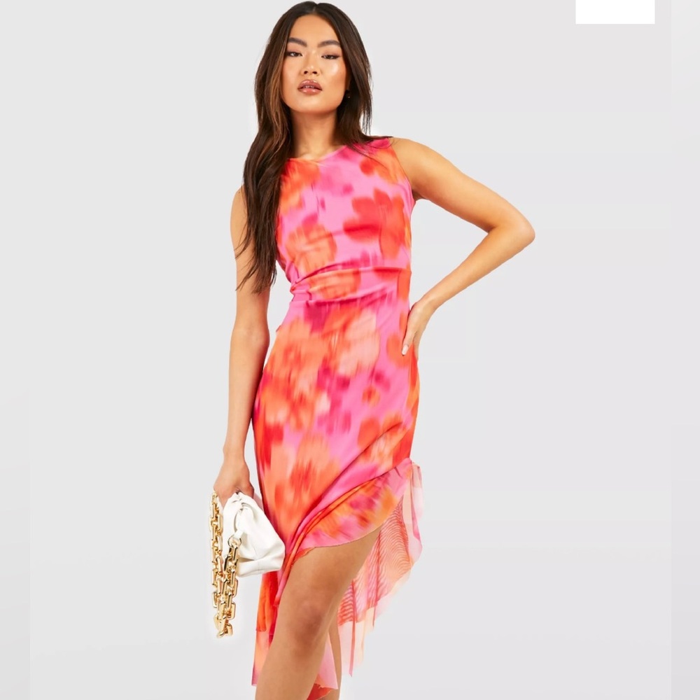 BOOHOO MESH BLURRED FLORAL RUFFLE MIDI DRESS